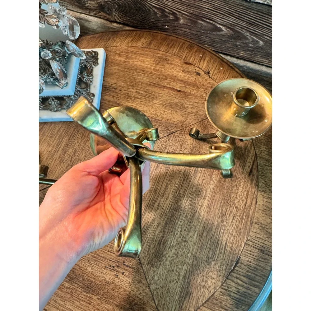 Vintage Brass Tripod Candle Holders  3Pair Brutalist Wire Wrapped Taper Stick
